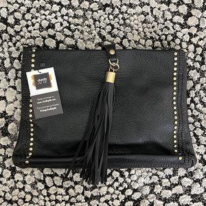 NEW Vegan Leather Black Crossbody Bag Clutch with Gold Studs